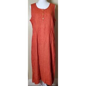 Flax Sleeveless 100% Linen Midi Dress Small Coral Orange Shift Coastal‎ Boho